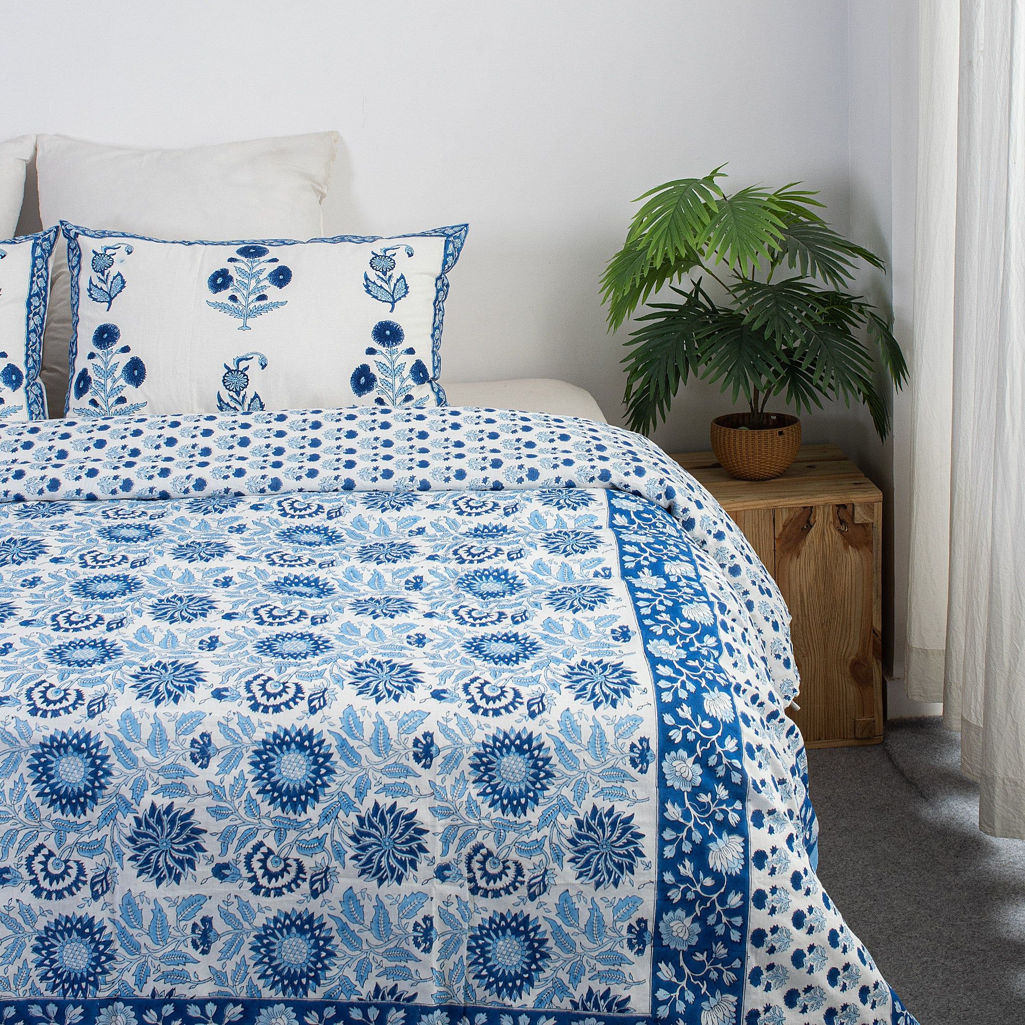 Block Print Soft Organic Cotton Blue Duvet Blanket Cover With Shams